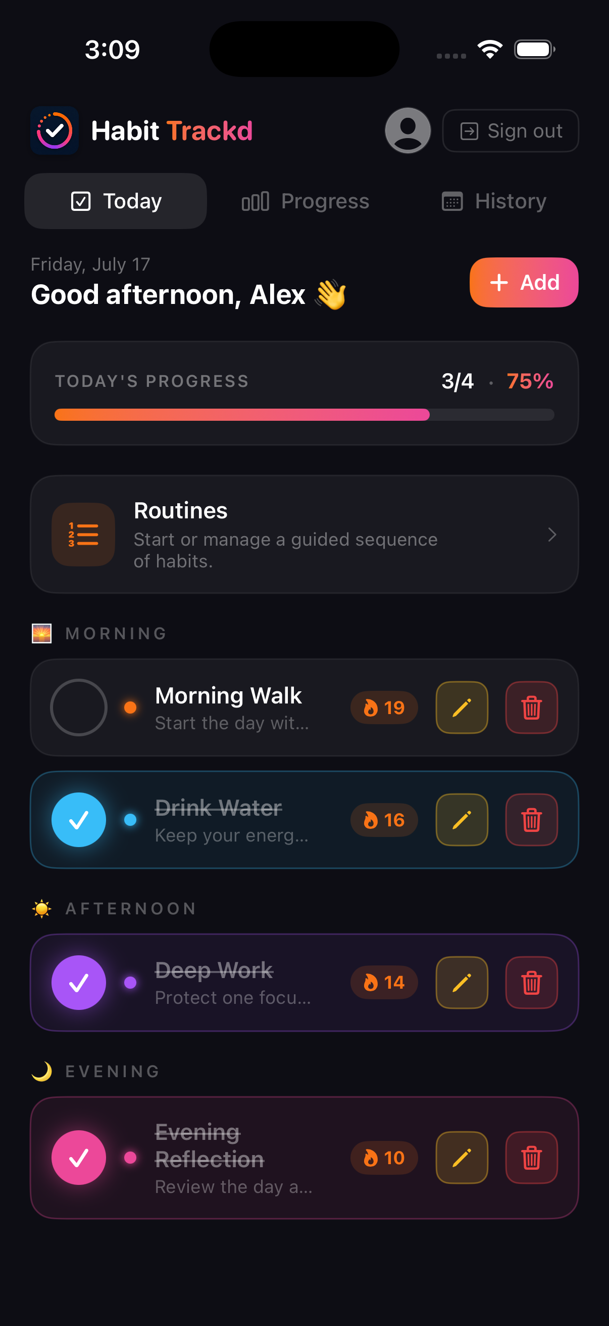 Habit Trackd Today screen